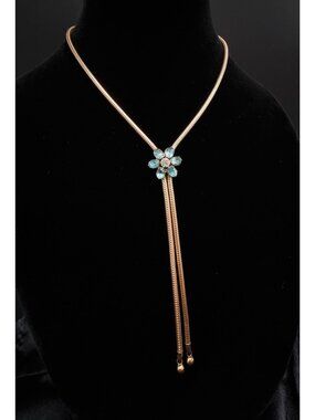 Vintage 1960s-1970s Gold-Tone Necklace W/ Blue Rhinestone Flower